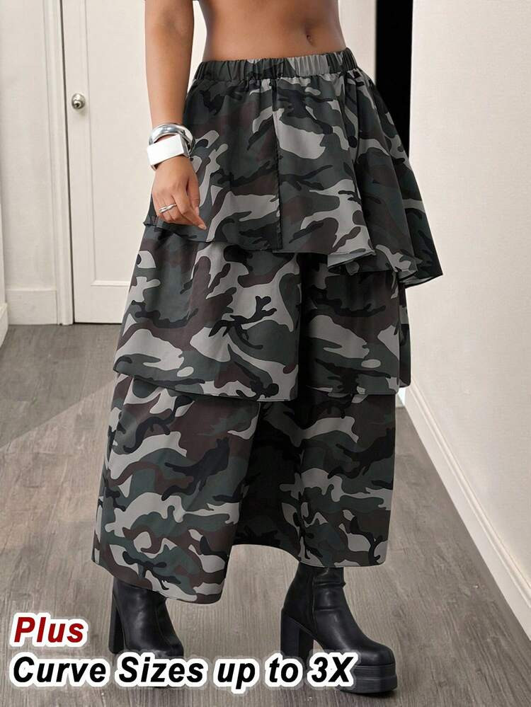 Slaydiva 2025 New Preppy Style Autumn/Winter New Plus Size Women Camouflage Print Multi-Layer Cake Skirt, Suitable For Street, Party, Fashion | SHEIN
