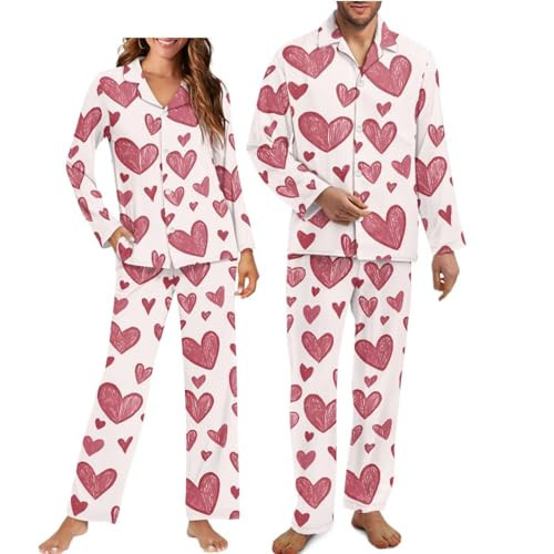 JOAIFO Matching Valentines Pajamas for Couples Men Valentines Pajamas Love Heart Sleepwear Sets 2 Piece Set Long Pants Soft Night Wear Loungewear Button Up Holiday Pjs for Valentine Gifts | Amazon (US)