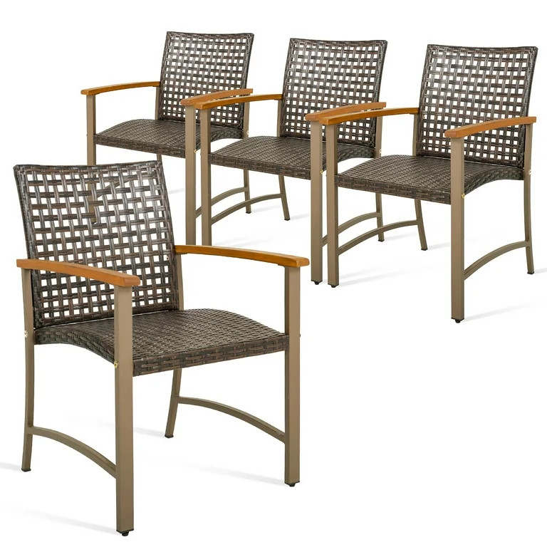 Costway Set of 4 Patio Dining Chairs Outdoor Wicker Armchairs with Acacia Wood Armrests | Walmart (US)