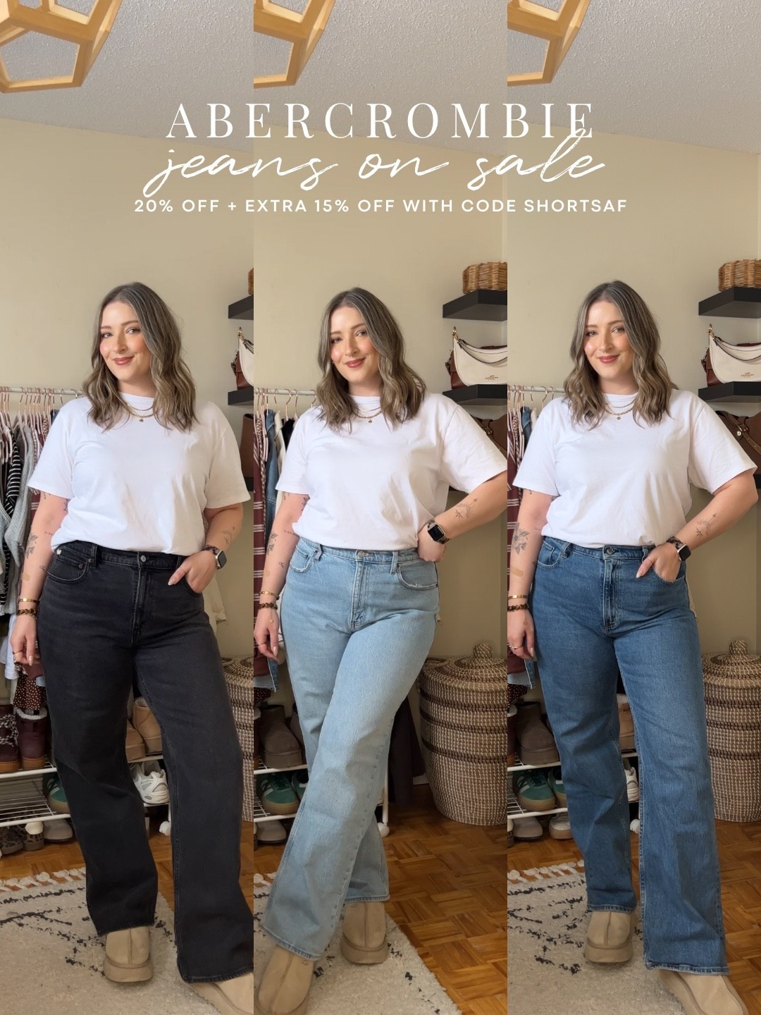 My all time fave jeans from Abercrombie on sale! Wearing 32, I probably could do a 31, but I prefer a looser fit! I’m 5’8 with shorter legs and a long torso, so I get regular length. They are comfy, flattering, and have the perfect amount of stretch! This white cotton tee is not see through and the high neck makes it perfect for layering, wearing my usual size L. Ugg tazz fit TTS, wearing 10

#LTKsale #LTKjeans #LTKmidsize