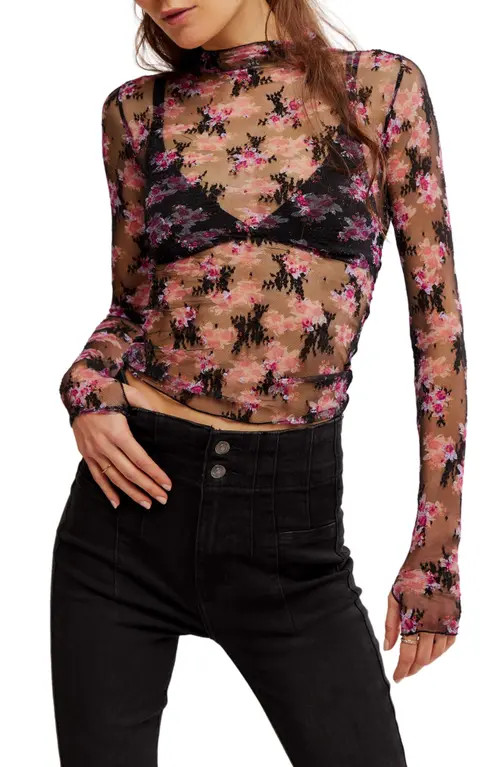 Free People Printed Lady Sheer Embroidered Long Sleeve Top in Black Combo at Nordstrom, Size X-Small | Nordstrom