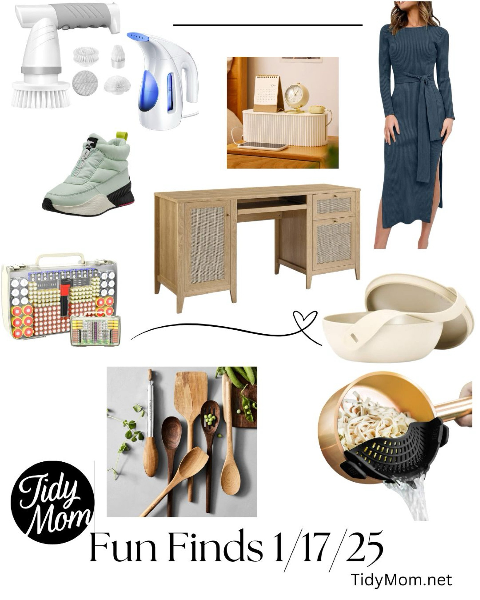 Friday Favorite Finds 
Desk, dress, steamer, scrubber, battery organizer, lunch bowl, wooden spoons, cord organizerr

#LTKHome