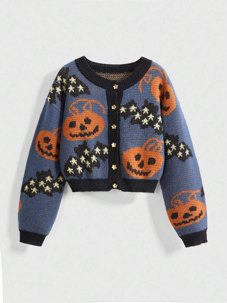 ROMWE Fairycore Women's Vintage Pumpkin, Bat & Star Jacquard Knit Cardigan Sweater For Halloween | SHEIN