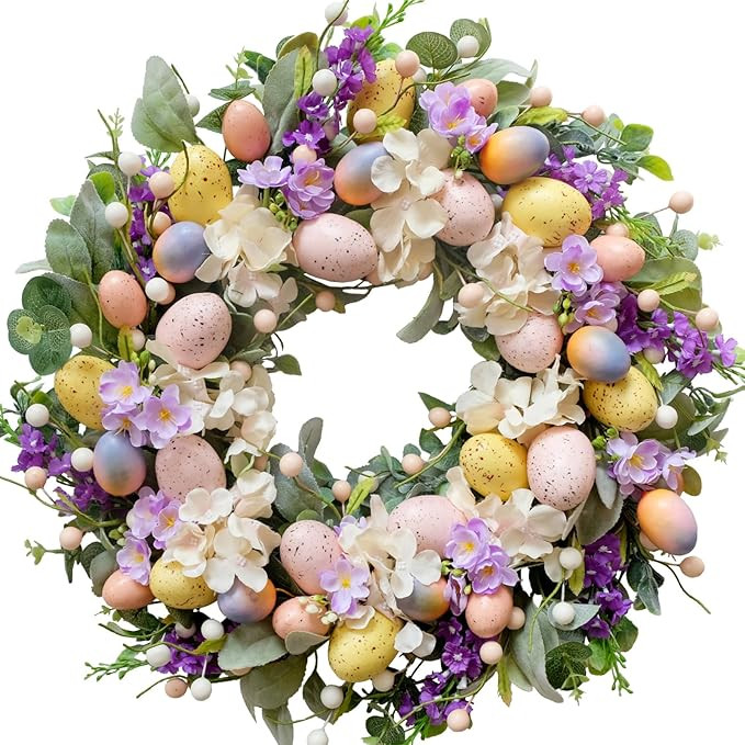20 Inch Easter Eggs Hydrangea Flower Wreath for Front Door, Spring Summer Lamb Ear Eggs Floral Wr... | Amazon (US)