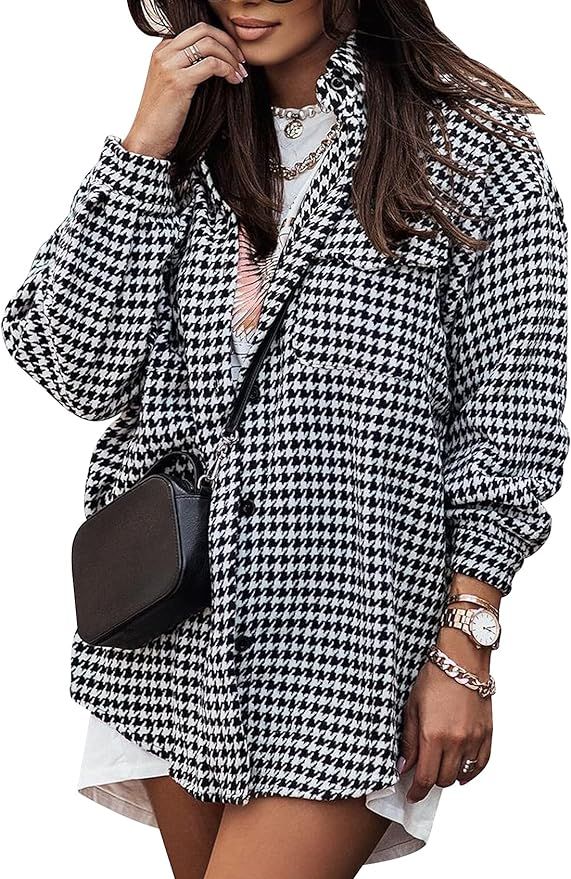 Arssm Plaid Shacket Jacket Women Long Sleeve Oversized Button Down Shirt Houndstooth Flannel Casu... | Amazon (US)