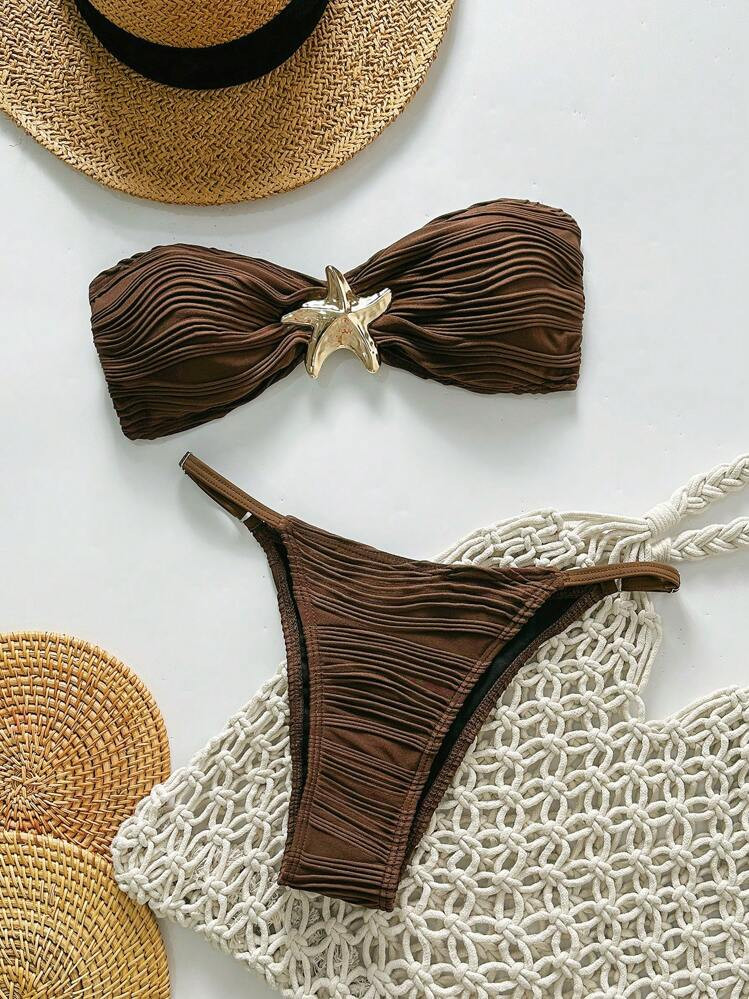 Swim Chiccia Women Summer Solid Color Jacquard Fabric Halter Metal Decor Thong 2 Pieces Bikini Set, Beach Vacation | SHEIN