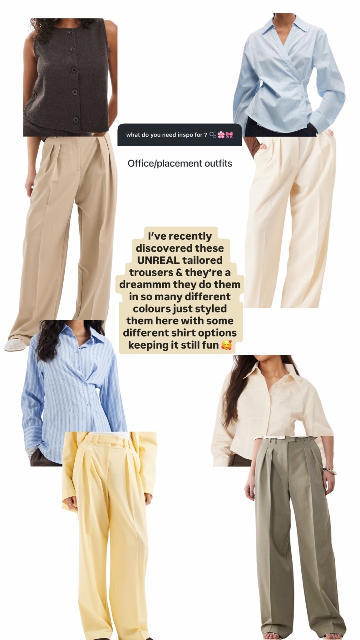 I’ve recently discovered these UNREAL tailored trousers & they’re a dreammm they do them in so many different colours just styled them here with some different shirt options keeping it still fun 🥰

#LTKstyletip #LTKworkwear #LTKuk