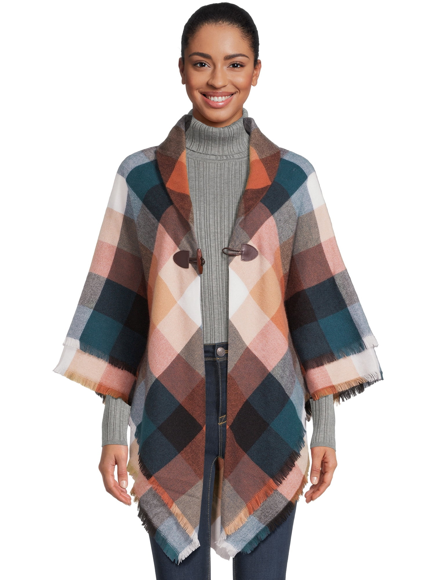Time and Tru Women's Plaid Ruana with Toggle Closure, Sizes S/M-L-XL - Walmart.com | Walmart (US)