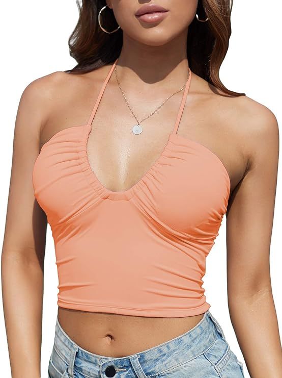 Padded Crop Tank Tops for Women Longline Sports Bra Ribbed Sexy Strappy Camisole Halter V Neck | Amazon (US)