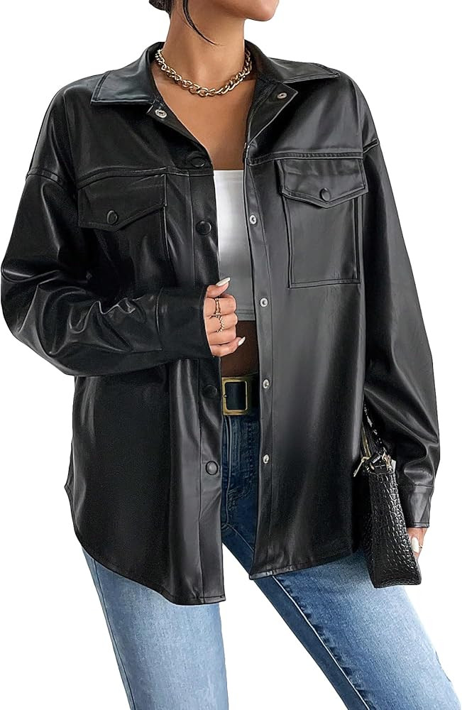 WDIRARA Women's Faux Leather Shacket Long Sleeve Button Down Flap Pockets Motorcycle Shirt Jacket... | Amazon (US)