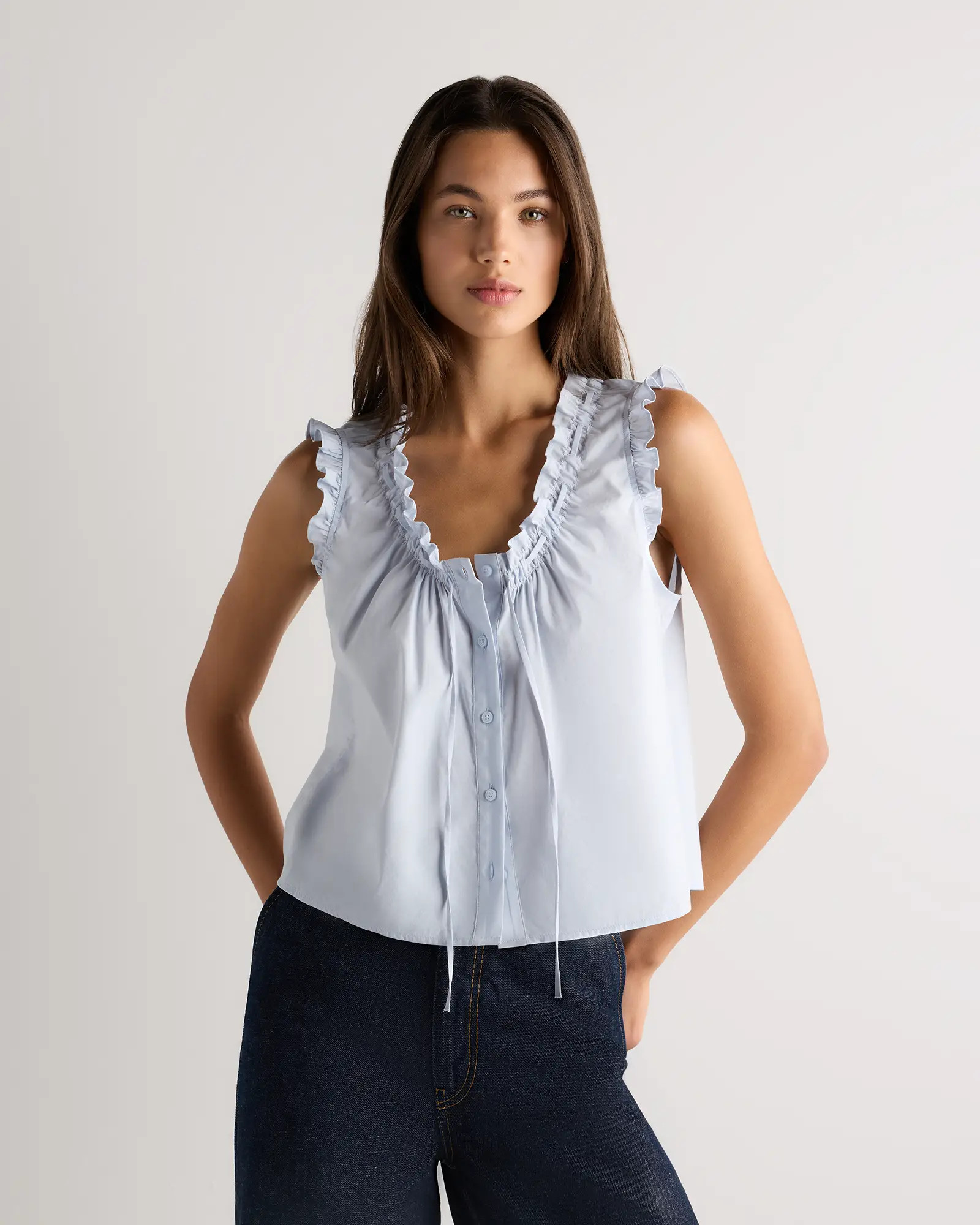 Cotton Viscose Voile Ruffle Trim Tank in Coastal Haze Blue | Quince