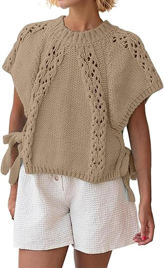 Knitted Tops Short Sleeve Sweater for Women Lace Up Crew Neck Crochet Tops Hollow Out Pullover Sl... | Amazon (US)