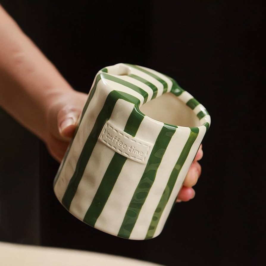 Ceramic Mug With Sip Hole，10 Oz Hand-Painted Mugs，Striped Ceramic Cup For Coffee、Tea & Hot ... | Amazon (US)