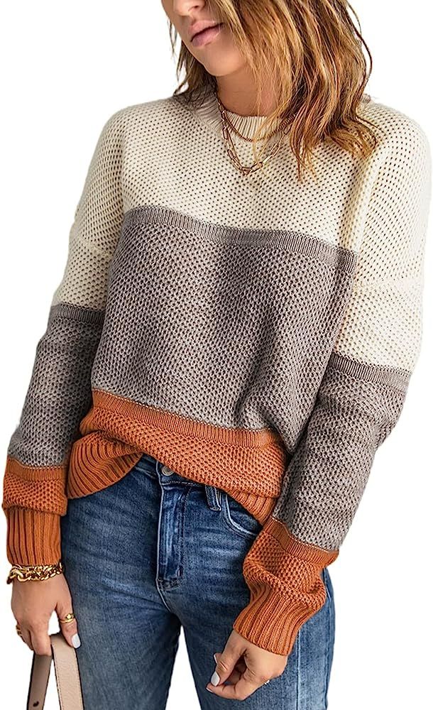 Womens Color Block Sweaters Long Sleeve Crewneck Pullover Knit Jumper Tops | Amazon (US)
