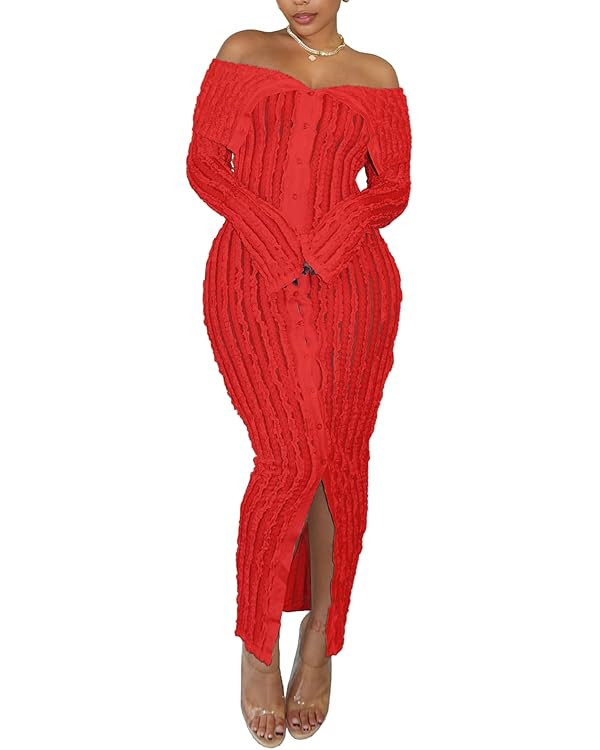 Mojessy Off Shoulder Ruffle Dresses for Women Sexy Long Sleeve Button Down See Through Bodycon Ma... | Amazon (US)