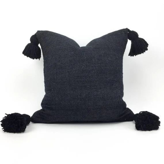 Moroccan cotton pillows , 20x20 , Tassel Pillow Cover , all black , black pompoms , pom pom pillo... | Etsy (CAD)