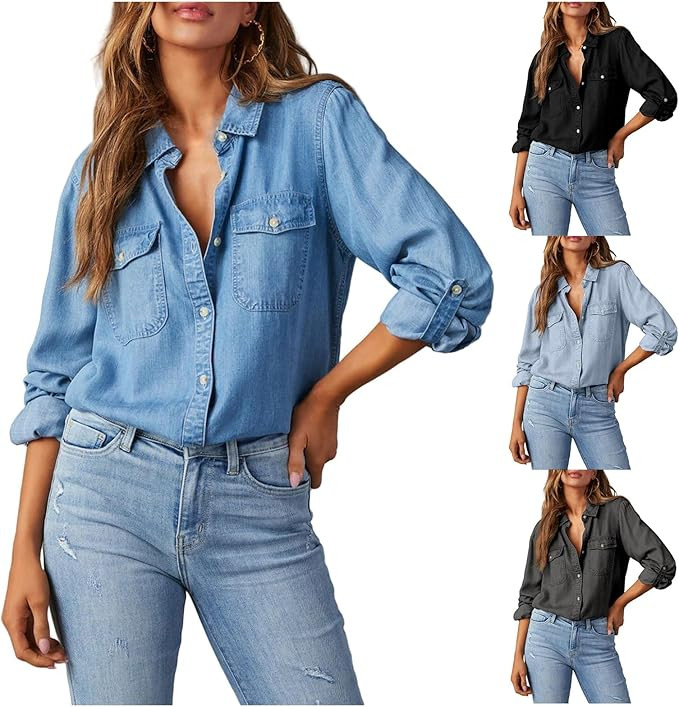 Denim Shirt Women Button Down Jean Shirt Long Sleeve V Neck Western Casual Lightweight Chambray B... | Amazon (US)