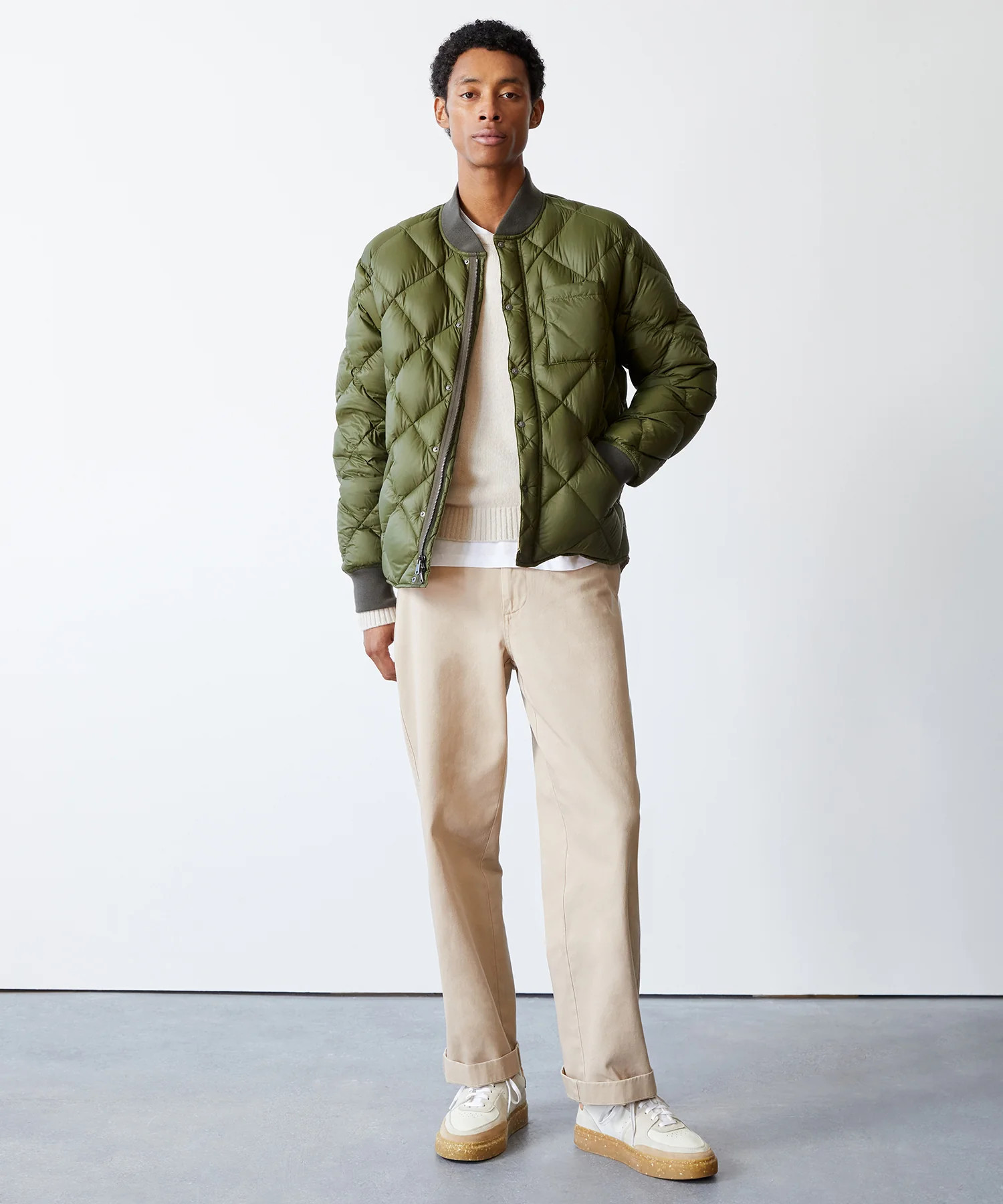 Italian Quilted Down Snap Bomber in Olive | Todd Snyder