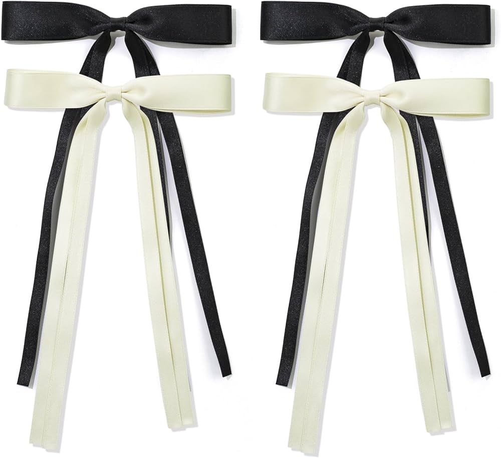 Ribbon Hair bow Clips, Black Milky White Long Tail French Hair Bows, Hair Clips Tassel Ribbon Bow... | Amazon (US)