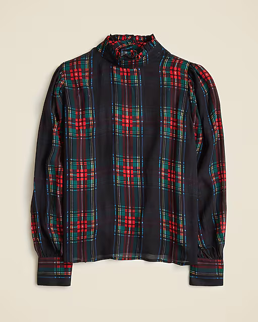 Ruffleneck top in Stewart tartan chiffon | J. Crew US