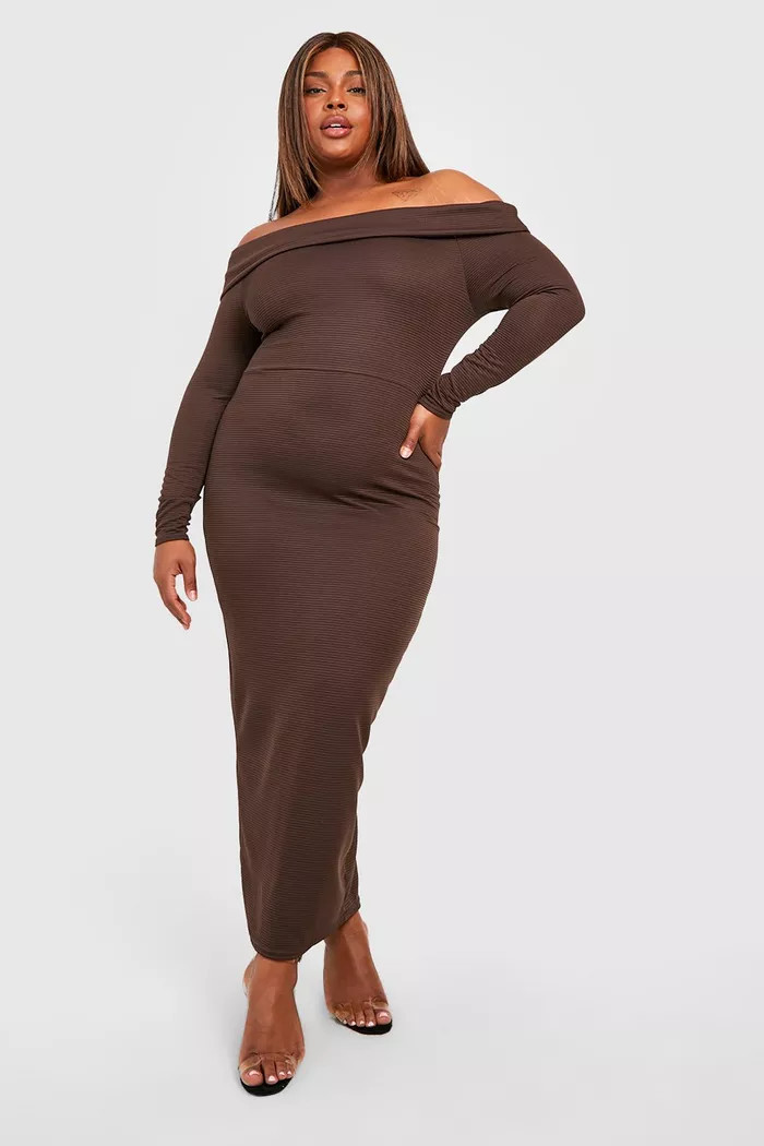 Plus Jumbo Rib Off The Shoulder Maxi Dress | boohoo (US & Canada)