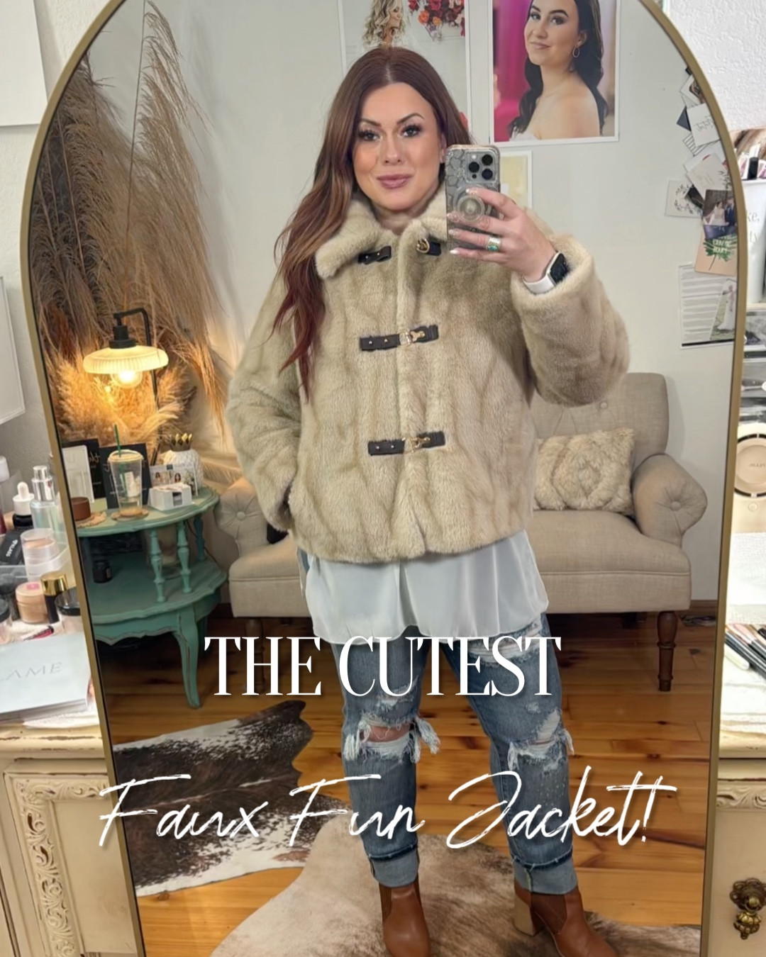 Peep the coziest faux fur jacket of the season! It’s lightweight but warm, featuring a super cute front, relaxed fit, and an oversized collar with faux leather tab closures—hello, details! This beauty is perfect over dresses or for elevating your fave tee and jeans combo. Perfect for the holidays! Add a little flair to your to winter wardrobe! 

#LTKSeasonal #LTKHoliday #LTKStyleTip