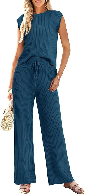 Imily Bela Womens 2 Piece Outfits Sleeveless Ribbed Knit Tops Wide Leg Pants Summer Vacation Swea... | Amazon (US)