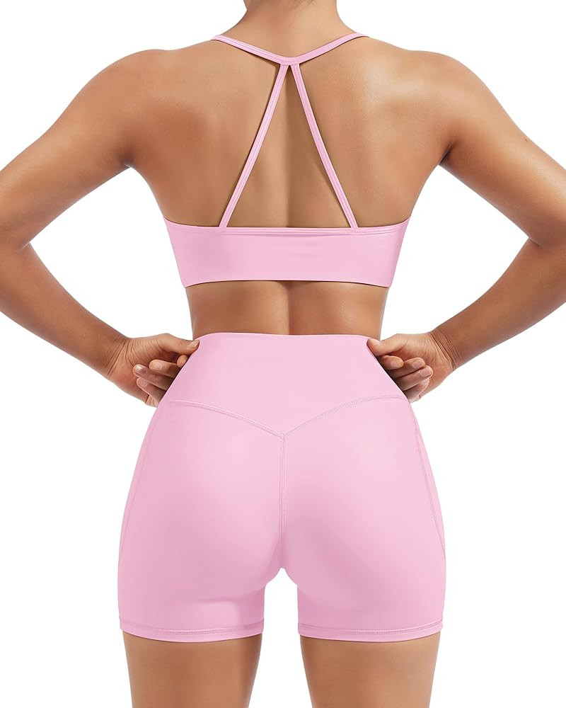 SUUKSESS Women 2 Piece Workout Sets Padded Halter Sports Bras High Waisted Biker Shorts with Pock... | Amazon (US)