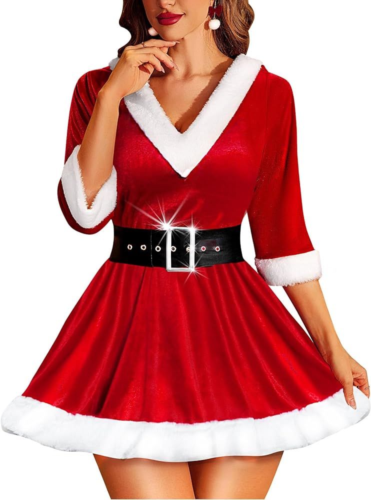 RSLOVE Christmas Lingerie for Women Sexy Santa Outfit 2Pcs Velvet Costume Babydoll Chemise Holida... | Amazon (US)