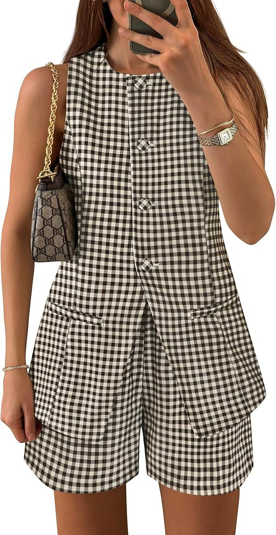 ZESICA Women's 2026 Summer 2 Piece Short Sets Sleeveless Crew Neck Suit Vest Tops High Waist Shor... | Amazon (US)