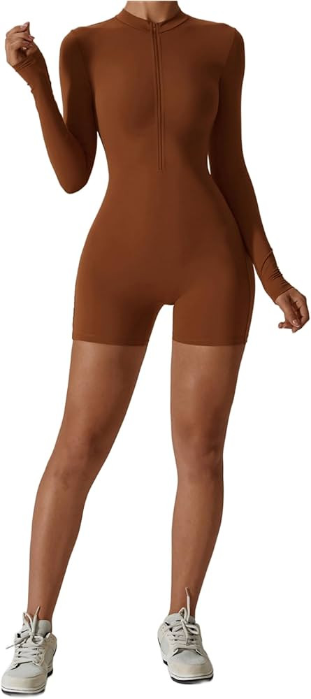 OEAK Womens Workout Jumpsuit Long Sleeve Zip Up 2024 Bodysuits Yoga Shorts Unitards Bodycon One P... | Amazon (US)