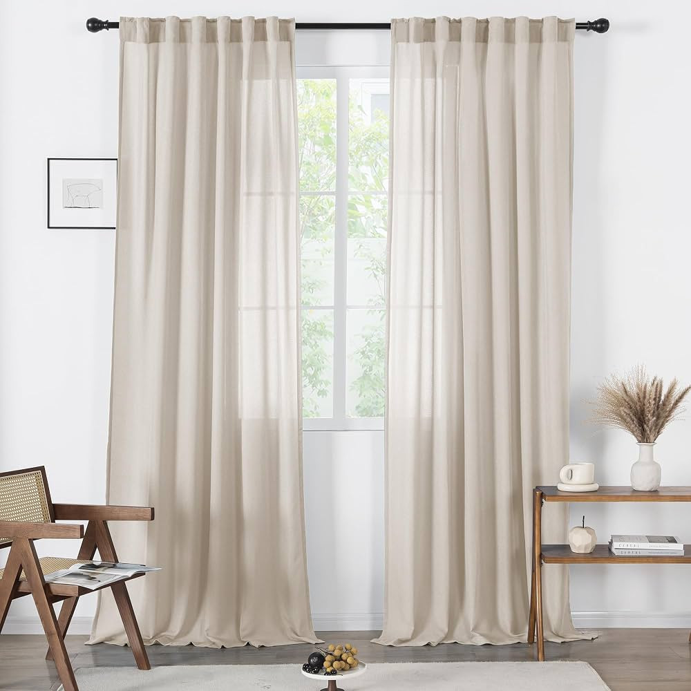 Beige Linen Semi Sheer Back Tab Pocket Curtains 120 Inches Long - Linen Textured Tall Light Filte... | Amazon (US)