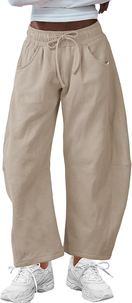 Hongsui Women's Barrel Leg Pants Elasticated Waistband Soft Wide Leg Pants with Pockets Casual Sw... | Amazon (US)