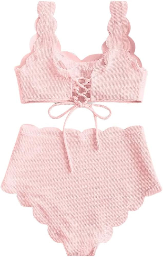 Women's Scalloped High Waisted Bikini Vintage Full Coverage Bottom Bathing Suit Swimwear | Amazon (US)
