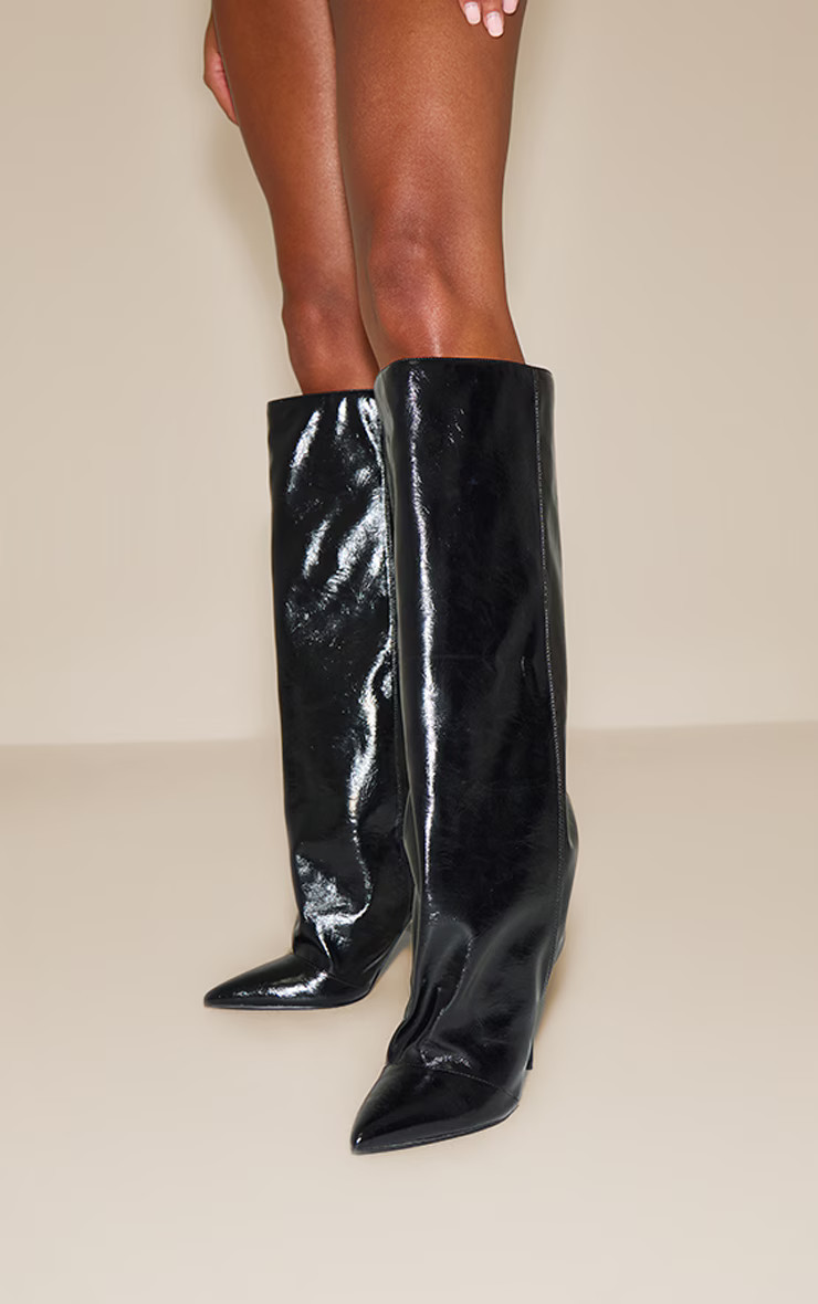 Black Crinkle Patent Ruched Knee Boots | PrettyLittleThing UK