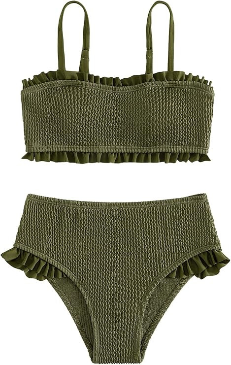 SOLY HUX Girl's Smocked Frill Trim Bikini Set Bathing Suits 2 Piece Swimsuit | Amazon (US)