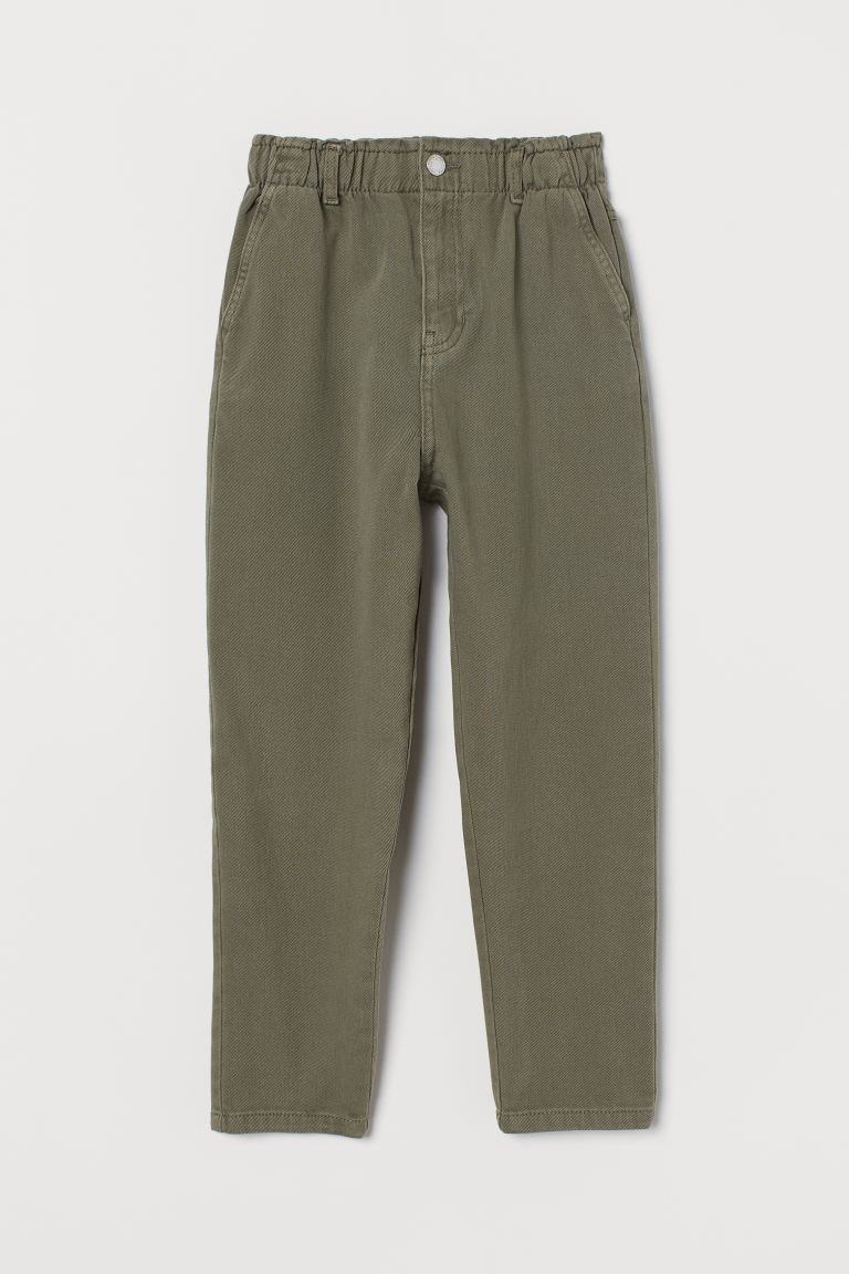 Loose-fit ankle-length pants in cotton twill. High paper bag waist with covered, elasticized wais... | H&M (US + CA)