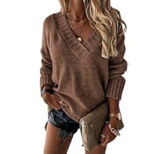 EVALESS Oversized Sweaters for Women Sexy Deep V Neck Long Sleeve Cable Knit Sweater Loose Jumper... | Amazon (US)