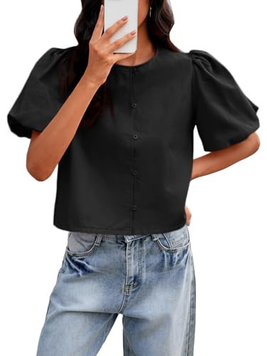 Tankaneo Womens Cropped Tops Puff Sleeve Button Down Shirts Trendy Casual Loose Fit Cute Blouse Black | Amazon (US)