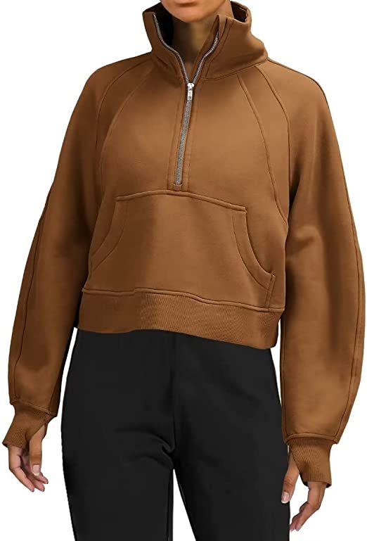 BONITEE Women Long Sleeve Half Zip Fleece Lined Collar Sweatshirts Workout Crop Top Sweatshirt Pu... | Amazon (US)