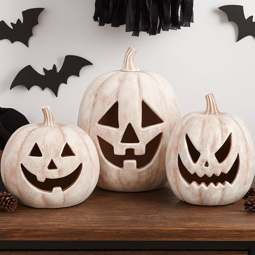 Vicenpal 3 Pcs Resin Halloween Pumpkin Decorations Light up Pumpkin Lantern Vintage LED Terracott... | Amazon (US)