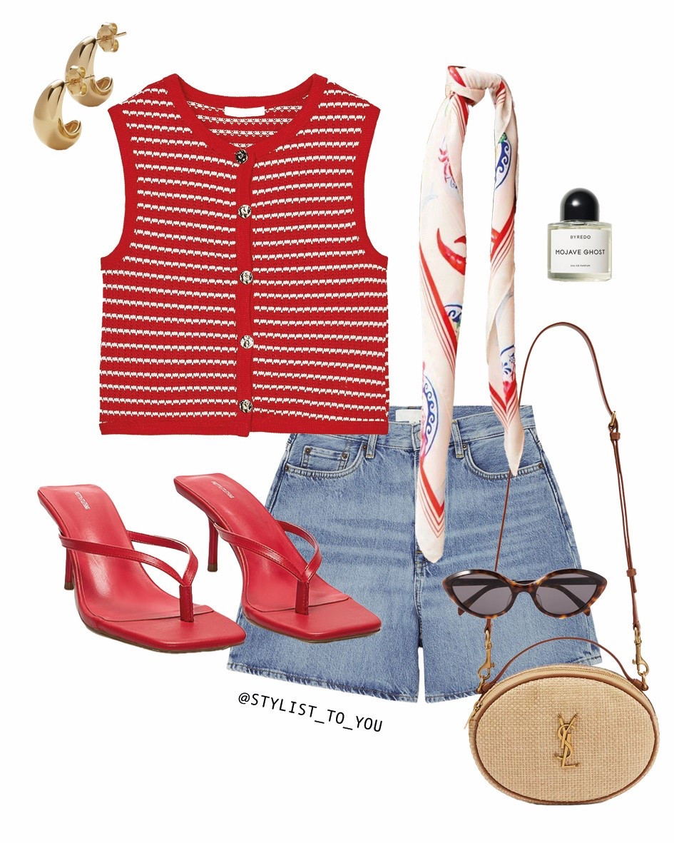 Tomato girl summer outfit 🍅🦞

Flat lay of a casual-chic summer outfit featuring a red and white knit button-up vest, light blue high-waisted denim shorts, pink heeled sandals, a silk neck scarf with red and blue prints, gold hoop earrings, tortoiseshell cat-eye sunglasses, a round woven YSL crossbody bag, and a bottle of Byredo Mojave Ghost perfume. The look is accessorized for a playful yet polished daytime style. red knit vest, denim shorts, pink heeled sandals, silk neck scarf, summer outfit, tomato girl, vintage vibes, YSL bag, gold hoops, tortoiseshell sunglasses, cat eye sunglasses, Mojave Ghost perfume, summer fashion, retro inspired, casual chic, Mediterranean style, red and white fashion, warm weather outfit, trendy look, summer day style, coastal chic, picnic outfit, 2025 fashion, feminine outfit, street style summer, beach to brunch, casual red outfit, Parisian summer, classic with a twist, woven accessories, bright summer colors, Italian girl vibes, cute and stylish, bold yet simple, fashion flatlay, girly summer look, everyday summer wear, summer layering, seasonal staples, easy summer outfit

#LTKeurope #LTKsummer #LTKuk