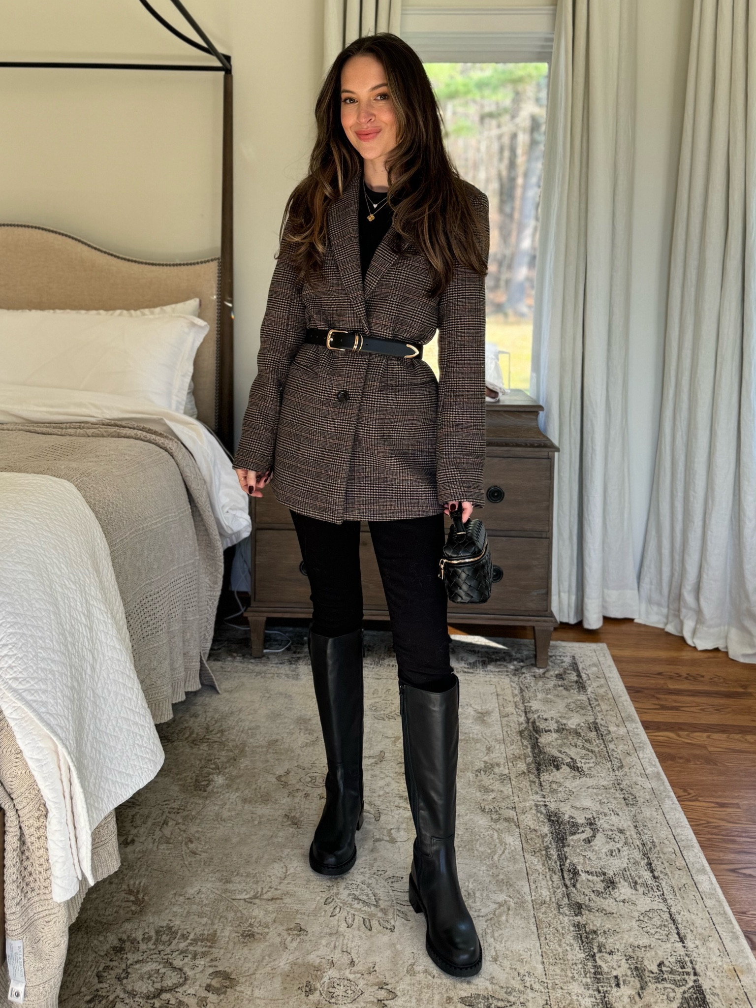 How to style skinny jeans 2024. Love this black Good American pair I’ve had for years! Wearing size 2 (they run true to size). Styled with an oversized plaid blazer (old but linking similar), Dolce Vita black riding boots and a black belt! Also this little bag is $20! 

#LTKSeasonal #LTKStyleTip #LTKFindsUnder50