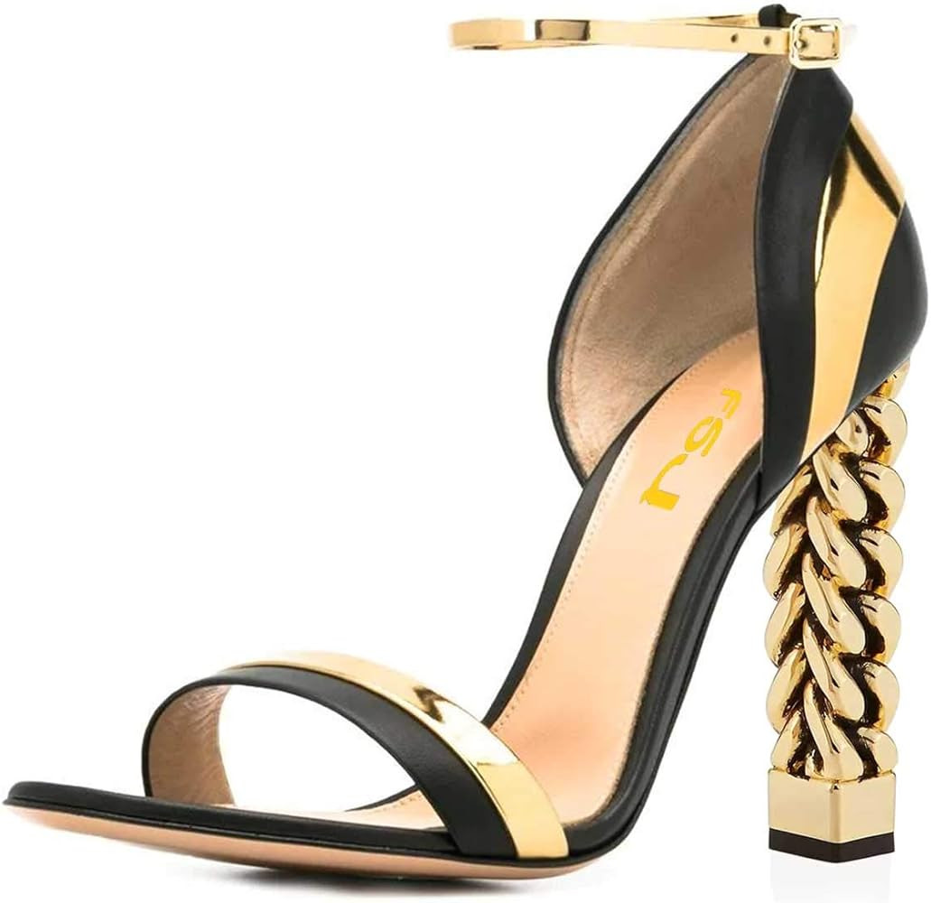 FSJ Women Flower Gold Metal Chain Chunky High Heels Ankle Strap Sandals Open Toe Fashion Party Prom  | Amazon (US)