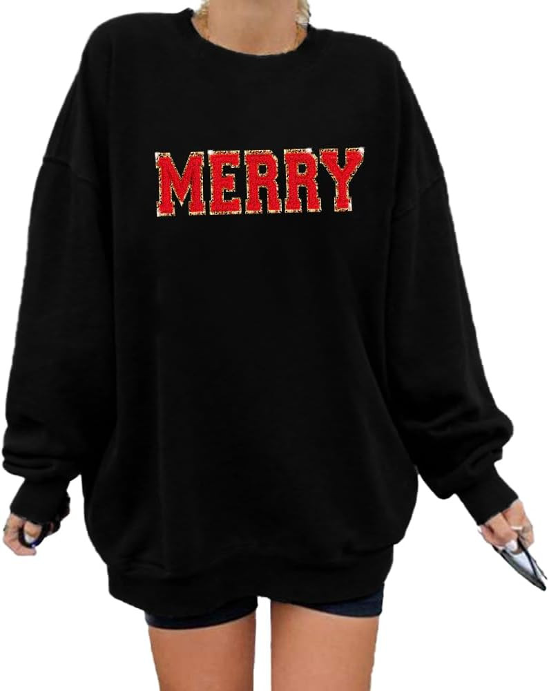 FASHGL Merry Sweatshirt Women Christmas Glitter Patch Merry Shirt Merry Letter Print Long Sleeve ... | Amazon (US)