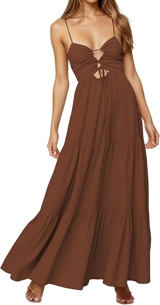 Womens Summer Floral Spaghetti Strap Backless Low Cut Smocked Milkmaid Flowy Beach Sundresses | Amazon (US)