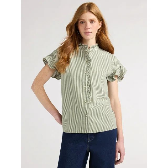 Free Assembly Women's Ruffle Trim Cotton Shirt with Short Sleeves, Sizes XS-XXL | Walmart (US)