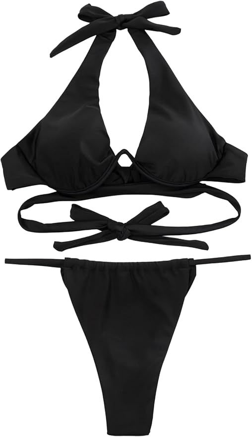 SheIn Women's 2 Pieces Swimsuit Push Up Halter Top and Thong Bikini Set Bathing Suit | Amazon (US)