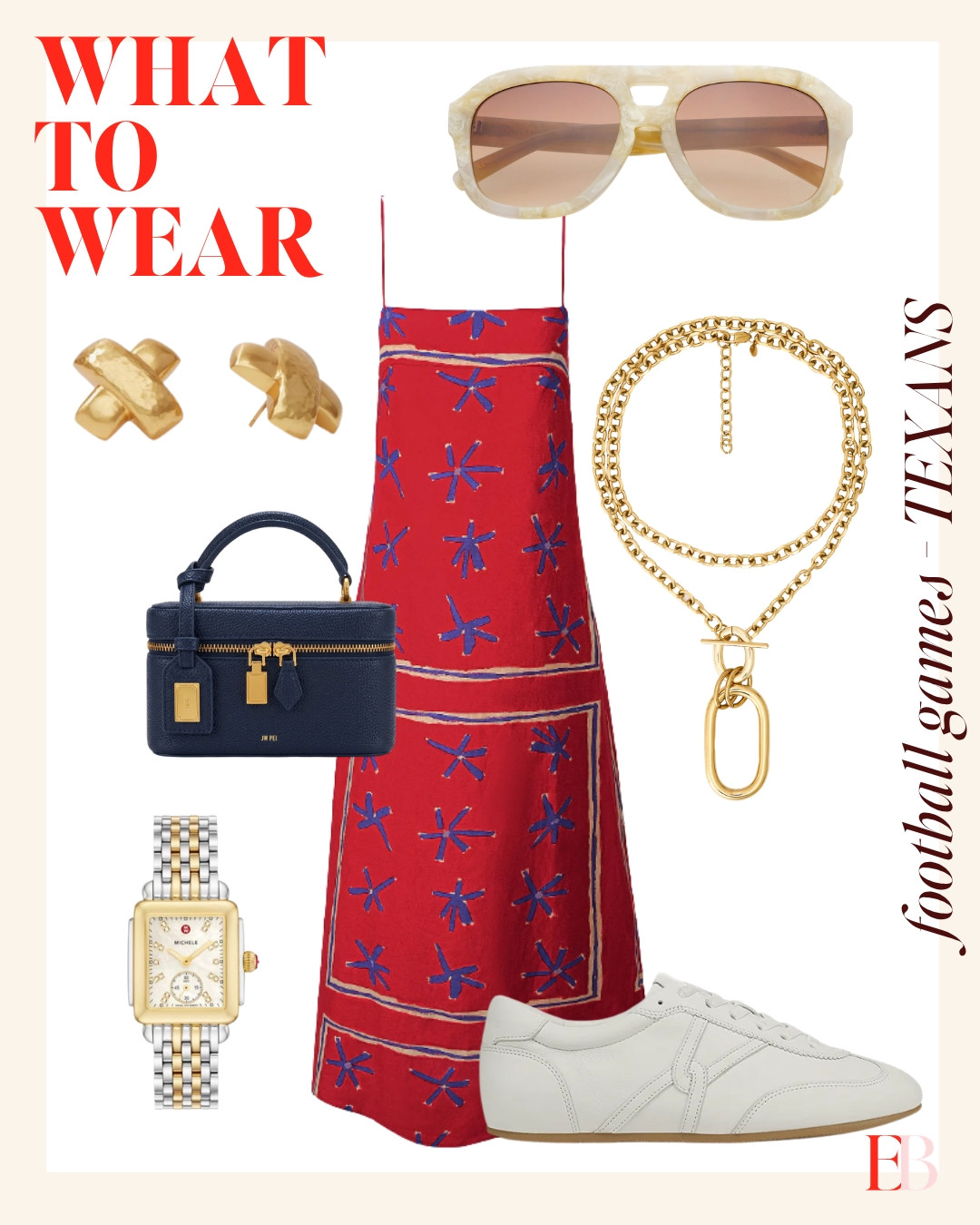 A red maxi with navy stars is team spirit that works as a real outfit. Pair it with white sneakers so you can walk the parking lot twice. 

 #texans #nfl #gameday #football #LTKootd
