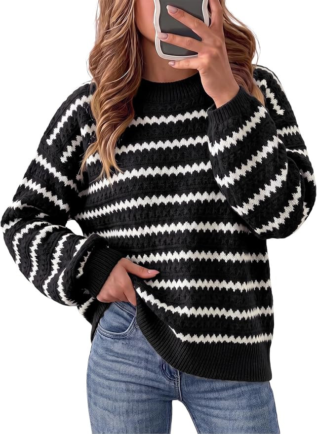 Dokotoo Sweaters for Women Oversized Striped Color Block Sweater Knit Tops | Amazon (US)
